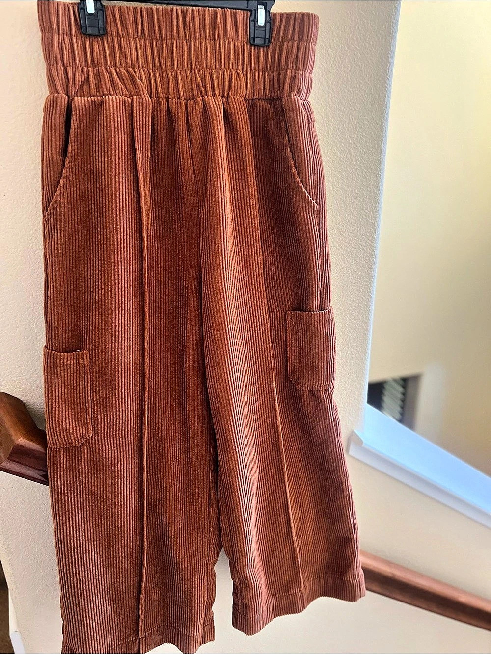 High-Waisted Boho Utility Corduroy Wide-Leg Cargo Pants in Rust Brown Size Large